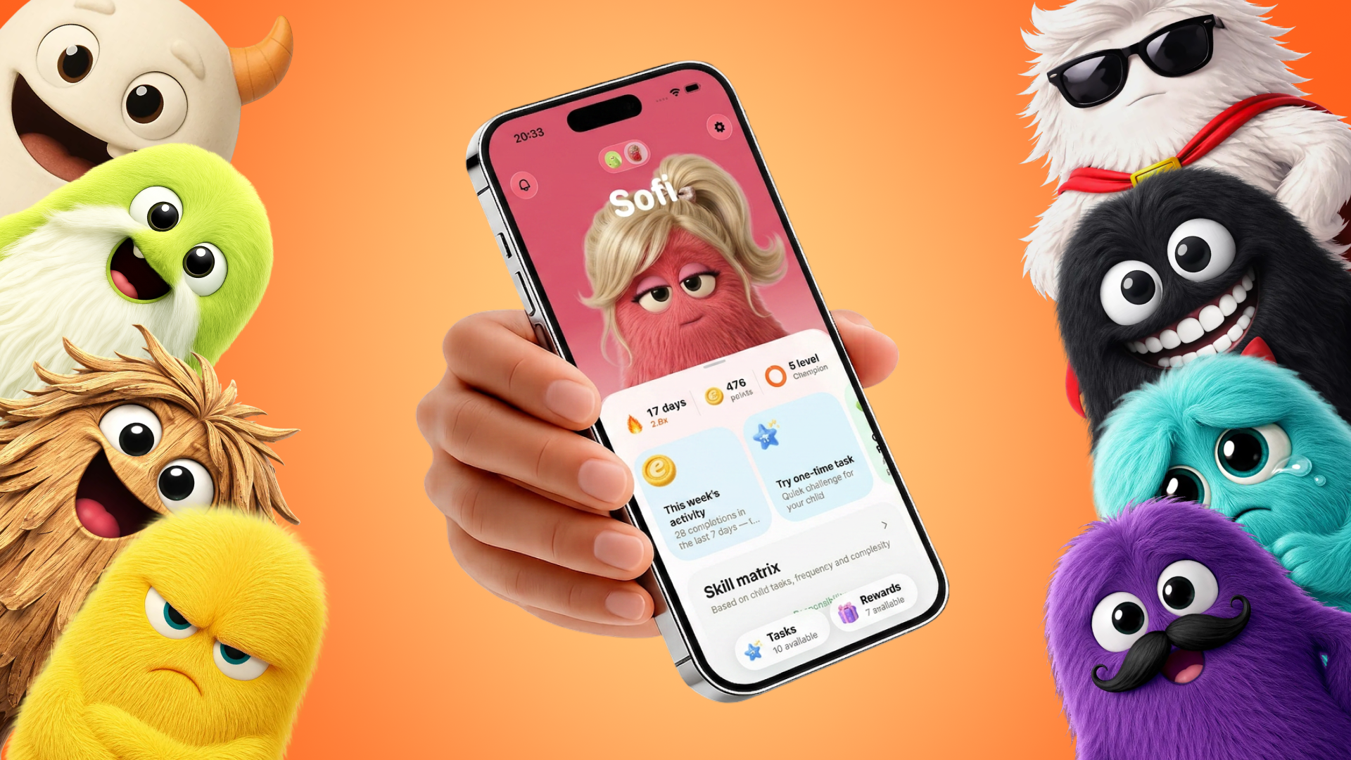 Erny on iPhone with Sofi profile, surrounded by the character universe on orange
