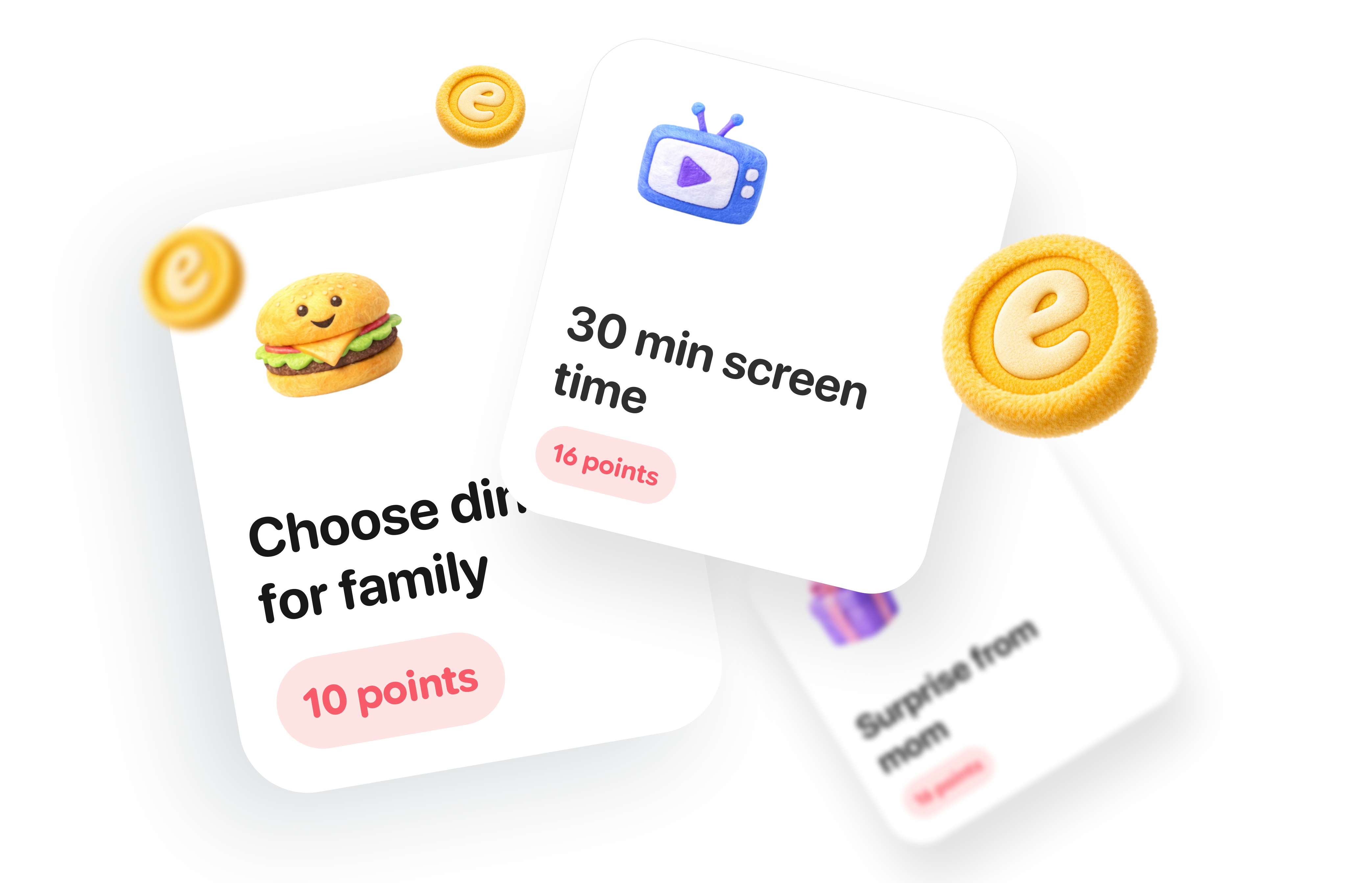 Erny task and reward cards: choose dinner for family, 30 min screen time, and surprise from mom with point values