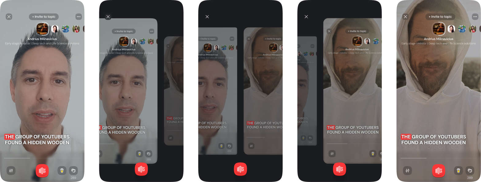 Final player designs showing swipe to switch topic