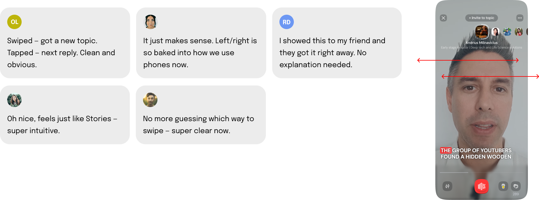 Quotes from moderated test #2 on tap-for-reply and swipe-for-topic navigation