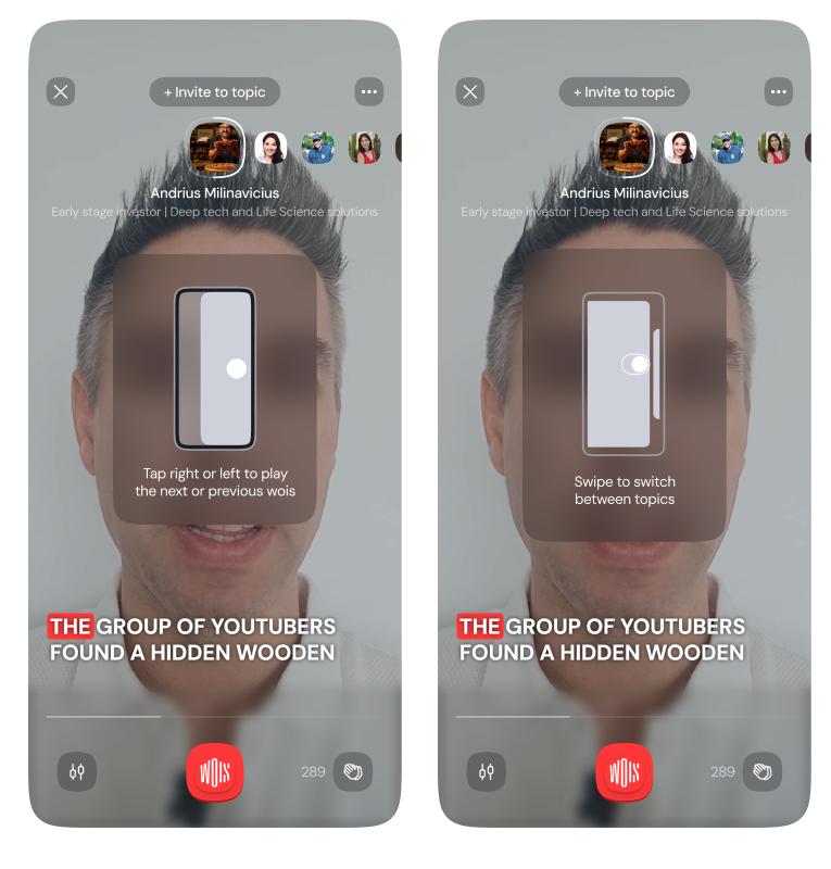 Wois first-run onboarding overlay teaching tap and swipe gestures