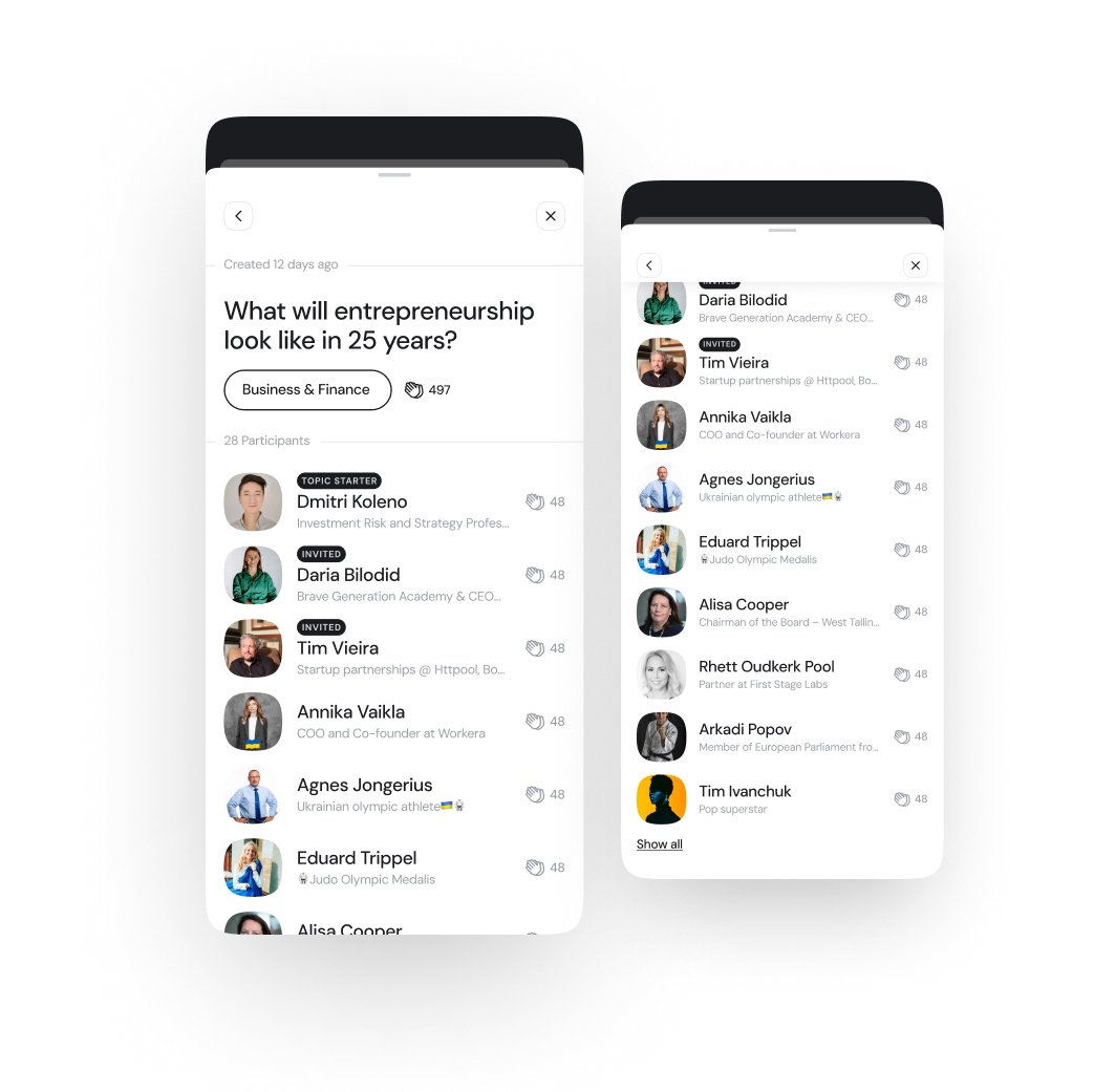 Swipe up reveals topic participants, metadata, and invites without leaving the player